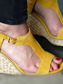 Candid Sexy Feet In Yellow Wedges Heels
