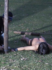 Master Walks With Dominated Nude Brunette On A Leash And Ties He