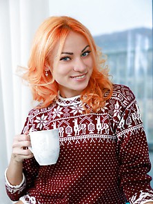 Redheaded Russian Beauty Strips Naked After Drinking Hot Coffee