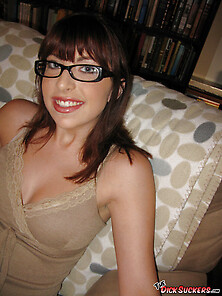 Nerdy Brunette Sucks A Big Shaft On The Couch.