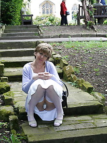 Sara Out In The Garden Wearing White Stockings