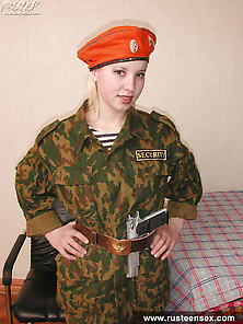 Russian Teen In Military Uniform Masturbates With Dildo