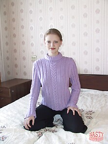 Ordinary Chick In A Purple Sweater Shamelessly Strips And Expose