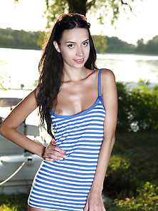 Striped Dress Brunette Showing Her Perfect Pussy Up Close Outdoo