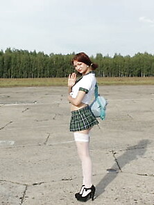 Incredible Mom In A Schoolgirl Outfit Posing Outdoors