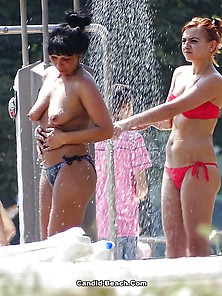Topless Brunette Milf In Shower Beach