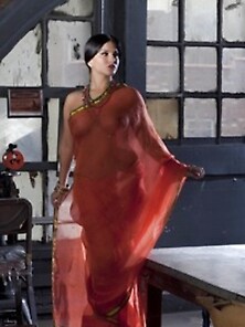 Diva In A Transparent Red Sari Fails To Hide Her Big Melons With
