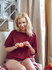 Blonde Angelface Casts Aside Warm Sweater,  Takes Off Panties And