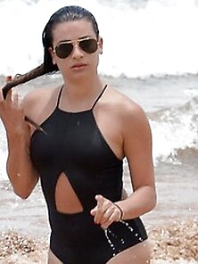 Lea Michele Wearing A Black Swimsuit In Hawaii