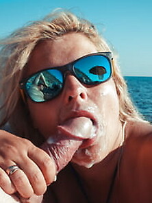 Blowjob By The Sea And Cum In Mouth.  Close-Up Pov