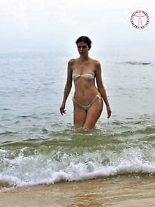 Part 5.  Julia V Earth In White Bikini At The Beach.