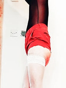 Red Shorts,  Stockings,  Black High Heels,  Slut