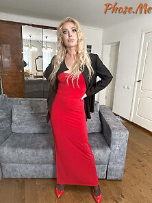 Blonde Milf In Red Slit Dress,  Black Pantyhose And Heels
