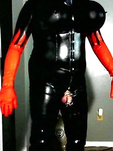 My Cage Cock In One Of My Latex Catsuit Tit One