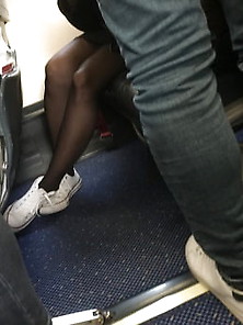 Candid In Black Pantyhose In Plane