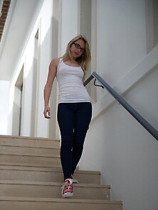 Petite Teen In Glasses Doffs Clothes In Playful Manner To Unleas