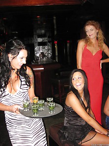 Dress-Wearing Hotties Enjoying A Stripper's Meaty Cock On A