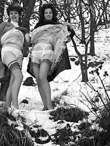 Vintage Ladies In Stockings And White Panties In The Snow.
