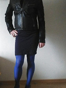 Claudiastarr In Blue Pantyhose And Leather Jacket.
