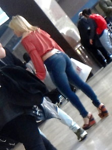Candid Hot Blond With Tight Jean In Sexy Wedges Heels