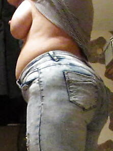 Wife In Ble Jeans In Mirrior And Tits