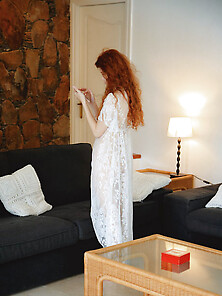 Amazing Redhead In Lace White Gown Plays With Her Sweet Pink Pus