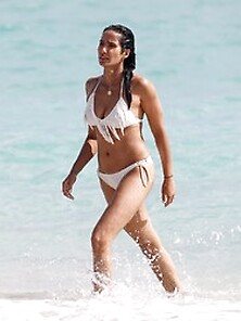 Padma Lakshmi Wearing A White Bikini In Miami Beach