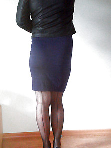 Pantyhose And Leather Jacket.