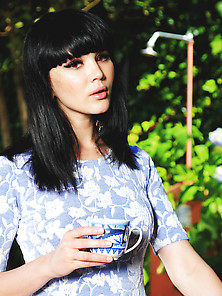 Dark-Haired Hottie With Stylish Bangs Leaves Her Electric Blue S