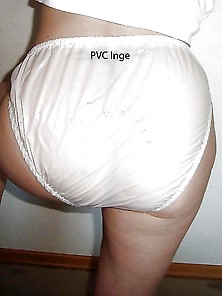 Pvc Inge Wearing Shiny White Pvc Plastic Panties.