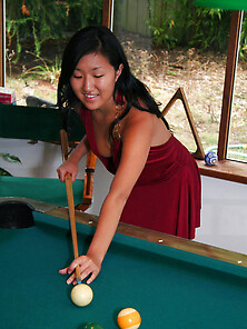 Asian Babe In Maroon Dress Climbs The Pool Table To Pose Without