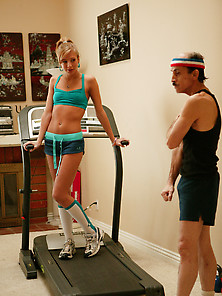 Sporty Blonde Works Out In The Gym When She Notices An Old Man A