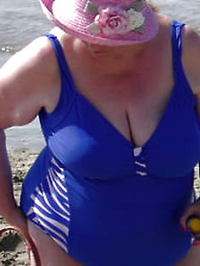 Adorable Granny In The Blue Swimsuit